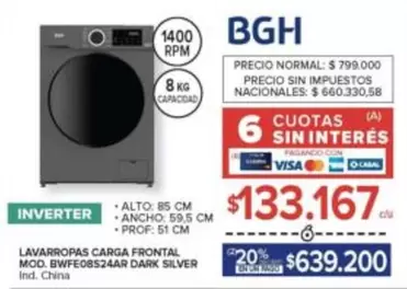 BGH - LAVARROPAS CARGA FRONTAL MOD. BWFE08S24AR DARK SILVER