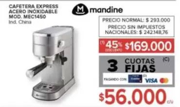 Mandine - CAFETERA EXPRESS ACERO INOXIDABLE MOD. MEC1450