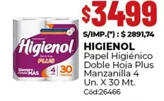 Higienol - Papel Higi0999nico Doble Hoja Plus Manzanilla 4 Un. X 30 Mt. C0999d:26466