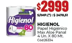 Higienol - Papel Higi9enico Max Aloe Panal 4 Un. X 80 Mt. C3d:26334