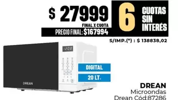 Drean - Microondas Digital 20 Lt.