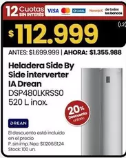 Drean - Heladera Side By Side interverter DSP480LKRSS0 520 L. inox.