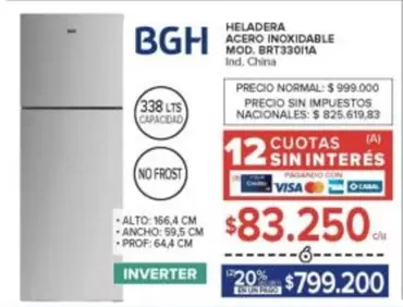 BGH - HELADERA ACERO INOXIDABLE MOD. BRT3301A