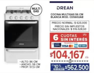 Drean - COCINA MULTIGAS 56 CM BLANCA MOD. CD5602AB
