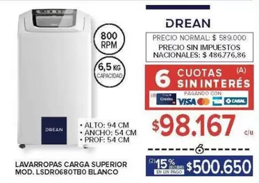 Drean - LAVARROPAS CARGA SUPERIOR MOD. LSDR0680TB0 BLANCO