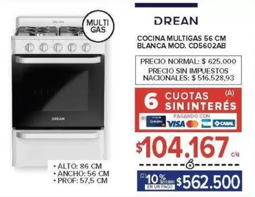 Drean - COCINA MULTIGAS 56 CM BLANCA MOD. CD5602AB