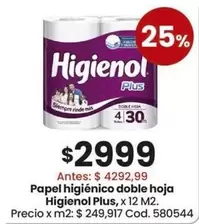 Higienol - Papel higiénico doble hoja, x 12 M2. Cod. 580544