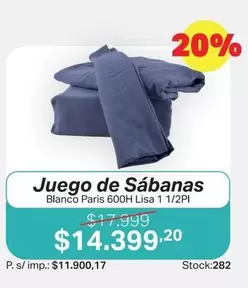 Juego de Sábanas Blanco Paris 600H Lisa 1 1/2Pl