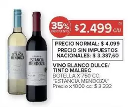 Estancia Mendoza - VINO BLANCO DULCE/ TINTO MALBEC BOTELLA X 750 CC.