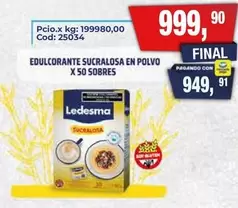 Ledesma - EDULCORANTE SUCRALOSA EN POLVO X 50 SOBRES