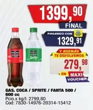 Coca cola - GAS. COCA / SPRITE / FANTA 500 / 600 cc