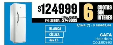Gafa - Heladera Cíclica 374 LT.