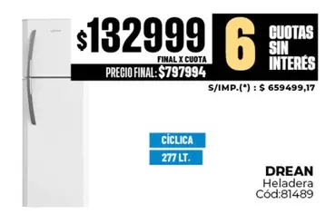 Drean - Heladera Cíclica 277 LT. Cod:81489
