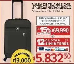 Carrefour - VALIJA DE TELA 66.5 CMS. 4 RUEDAS NEGRO