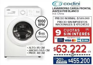 Codini - LAVARROPAS CARGA FRONTAL AIAFE6010B