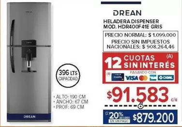 Drean - HELADERA DISPENSER MOD. HDR400F41E GRIS