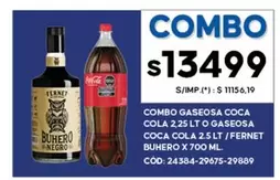 Coca cola - COMBO GASEOSA COCA COLA 2,25 LT O GASEOSA COCA COLA 2,5 LT / FERNET BUHERO X 700 ML. CÓD: 24384-29675-29889