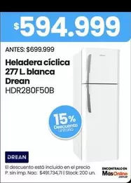 Drean - Heladera cíclica 277 L. blanca HDR280F50B