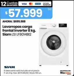 Siam - Lavarropas carga frontal inverter 8 kg. LSI LF8014BI2