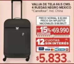 Carrefour - VALIJA DE TELA 66.5 CMS. 4 RUEDAS NEGRO