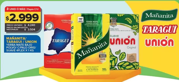 Manita/Taraguí/Union - Yerba Mate Bajo Polvo/C/Palo Orig/Suave 4flex