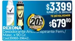 Rexona - Desodorante Antitranspirante Fem./Masc. x 90 Gr. Cód:39993-39642