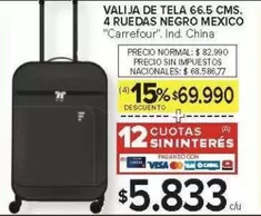 Carrefour - VALIJA DE TELA 66.5 CMS. 4 RUEDAS NEGRO