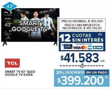TCL - SMART TV 43" QLED GOOGLE TV 43S5K