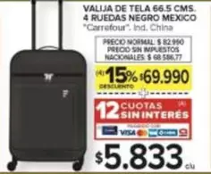 Carrefour - VALIJA DE TELA 66.5 CMS. 4 RUEDAS NEGRO