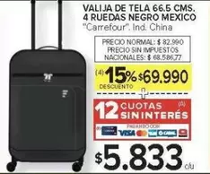 Carrefour - VALIJA DE TELA 66.5 CMS. 4 RUEDAS NEGRO MEXICO