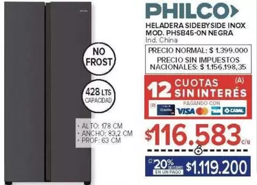 Philco - HELADERA SIDEBY SIDE INOX MOD. PHS845-ON NEGRA