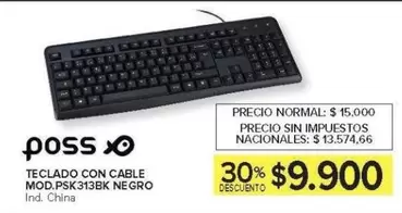 Poss - TECLADO CON CABLE MOD.PSK313BK NEGRO