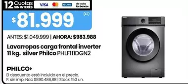 Philco - Lavarropas carga frontal inverter 11 kg. silver PHLF11IDGN2