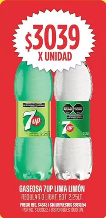 7Up - GASEOSA LIMA LIMÓN REGULAR O LIGHT BOT. 2.25LT
