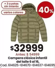 Campera clásica infantil del talle 6 al 16, Cod. 614625-614670-614677-614697-61469