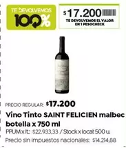 Saint Felicien - Vino Tinto malbec botella