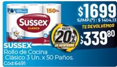 Sussex - Rollo de Cocina Clásico 3 Un. x 50 Paños. Cód:6491