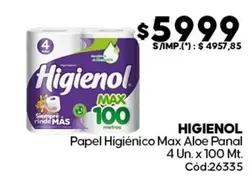 Higienol - Papel Higiénico Max Aloe Panal 4 Un. x 100 Mt. Cód:26335