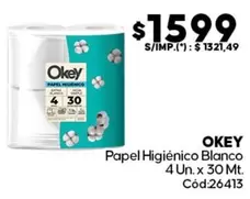 Okey - Papel Higi00enico Blanco 4 Un. x 30 Mt.