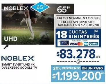 Noblex - SMART TV 65" UHD 4K DV65X8580 GOOGLE TV