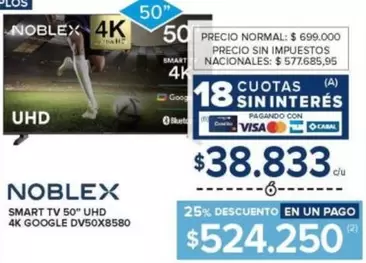 Noblex - SMART TV 50" UHD 4K GOOGLE DV50X8580