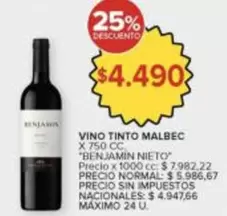 Benjamin - VINO TINTO MALBEC X 750 CC