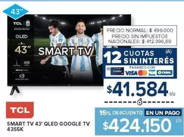TCL - SMART TV 43" QLED GOOGLE TV 43S5K