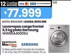 Samsung - Lavarropas carga frontal 6,5 kg plata WW65A4000SU