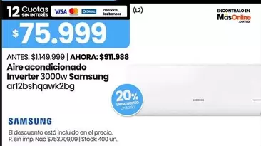 Samsung - Aire acondicionado Inverter 3000w ar12bshqawk2bg