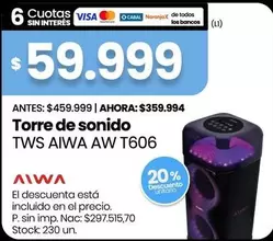Aiwa - Torre de sonido TWS AIWA AW T606
