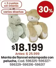 Manta de flannel estampada con peluche, Cod. 596325-596327-596329-596316-596317