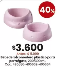 Bebedero/comederoplastico para perro/gato, 200/300 ml. Cod. 495686-495662-495664