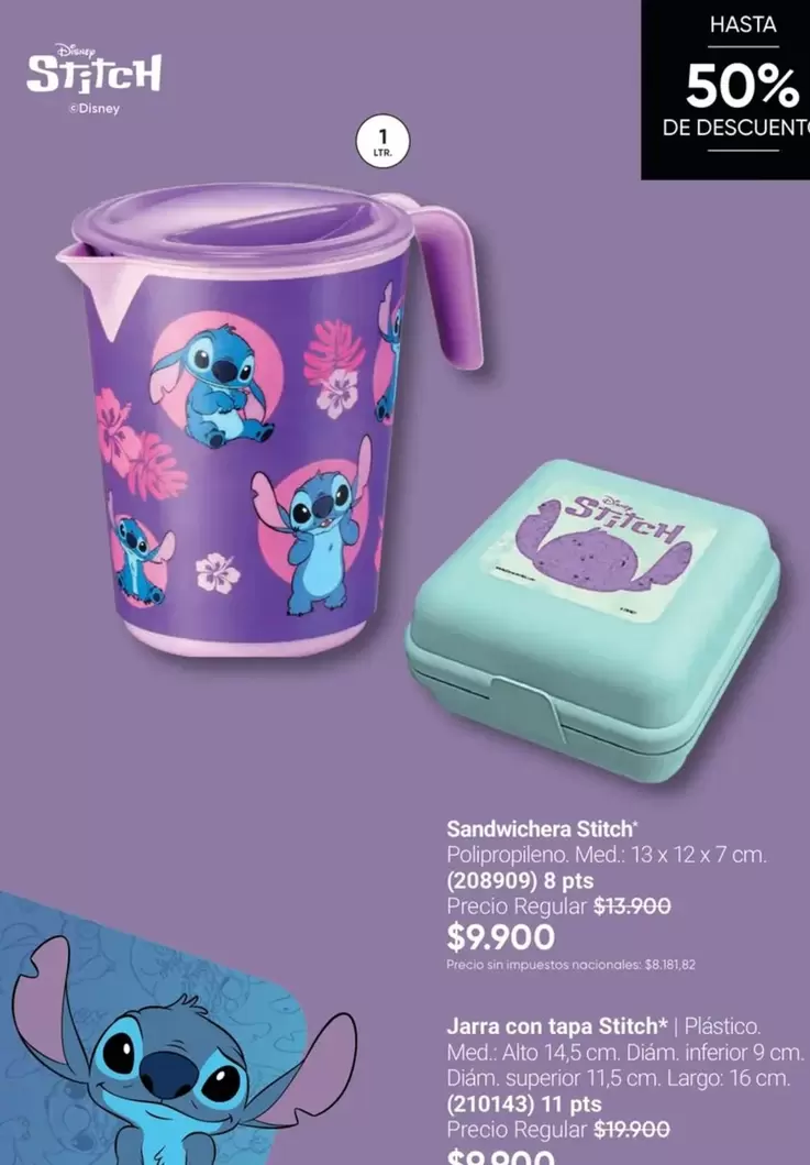 Disney - Sandwichera Stitch / Jarra con tapa Stitch