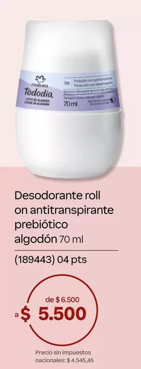 Natura - Desodorante roll on antitranspirante prebiótico algodón 70 ml (189443)